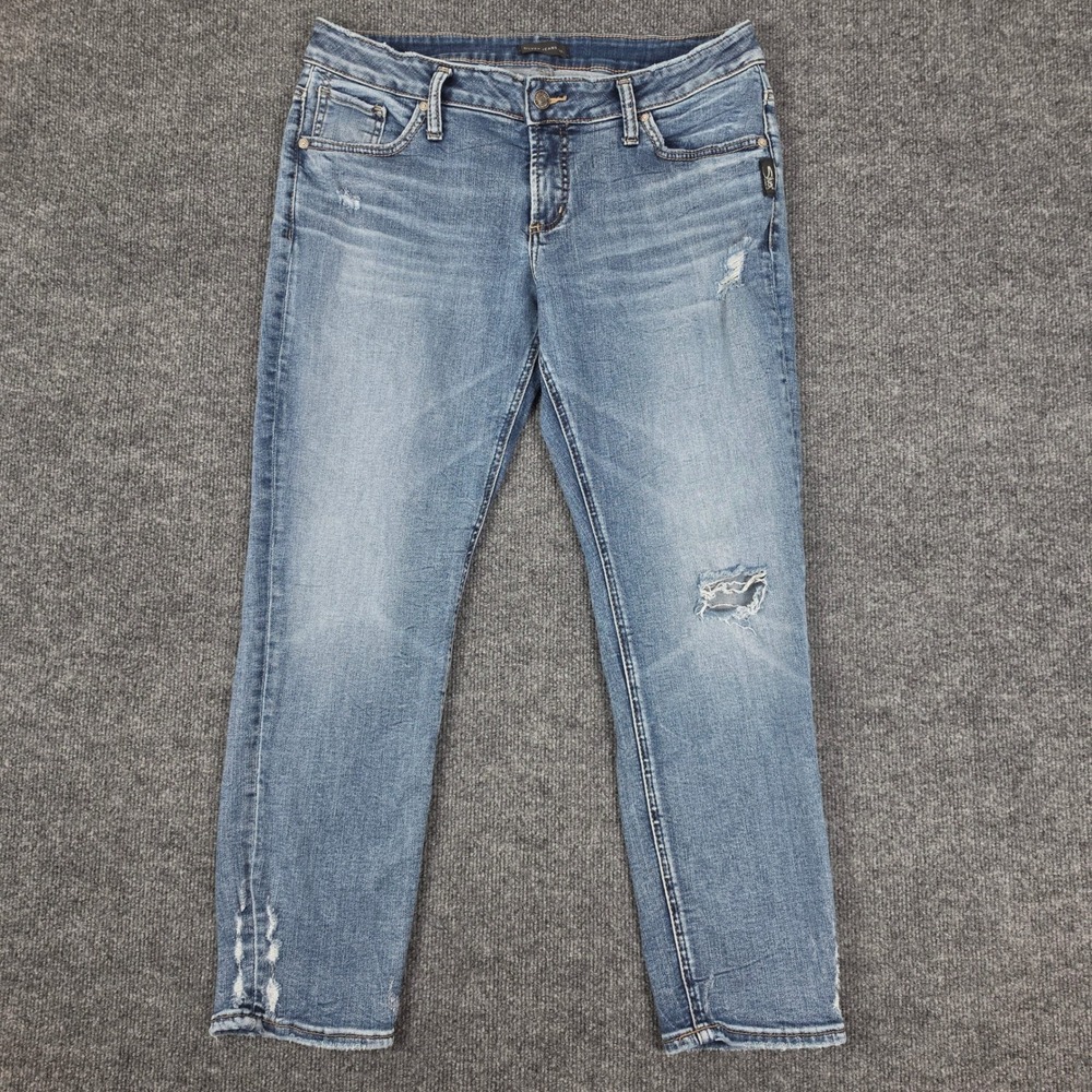 Silver Boyfriend Jeans Women's 31 x27 Med Wash Distressed Denim Stretch Mid Rise